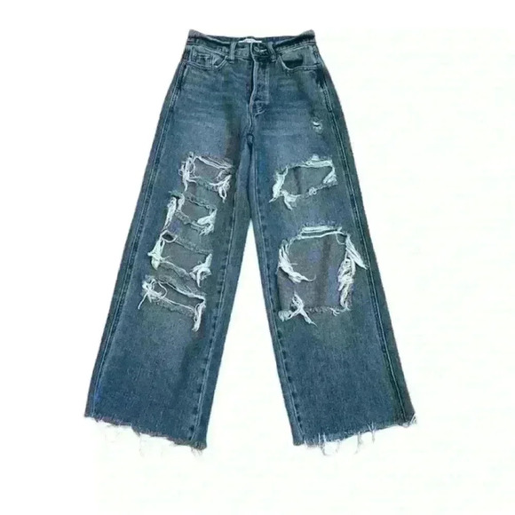 PacSun Women's Baggy Denim Jeans Distressed Wide Leg Button Fly Wide Leg Size 24 - Picture 1 of 11